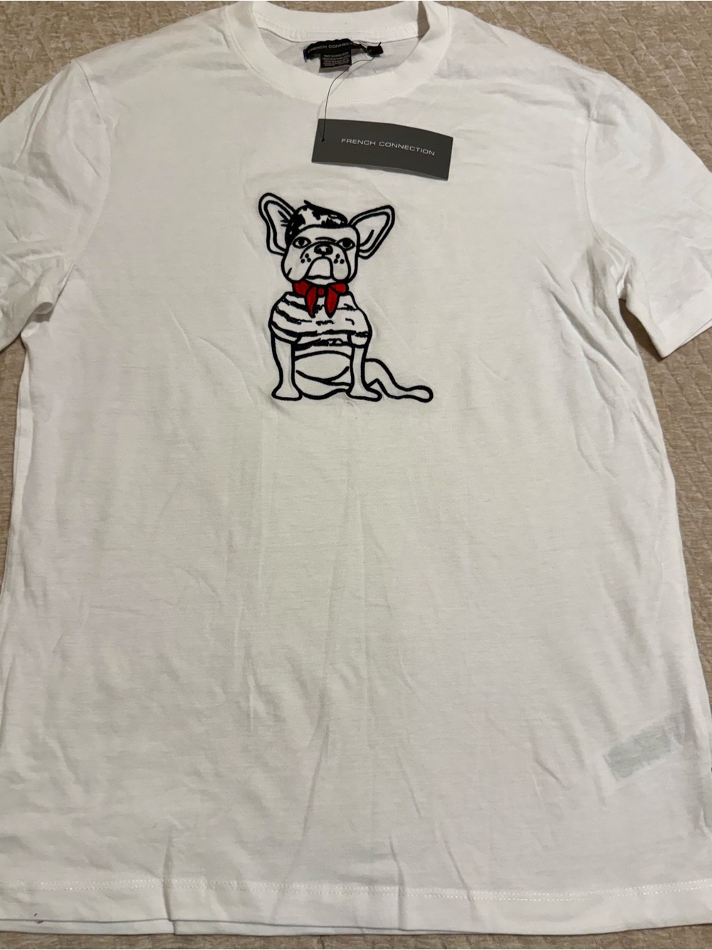 French Connection White Tee with Black Dog Outline and Red Accent